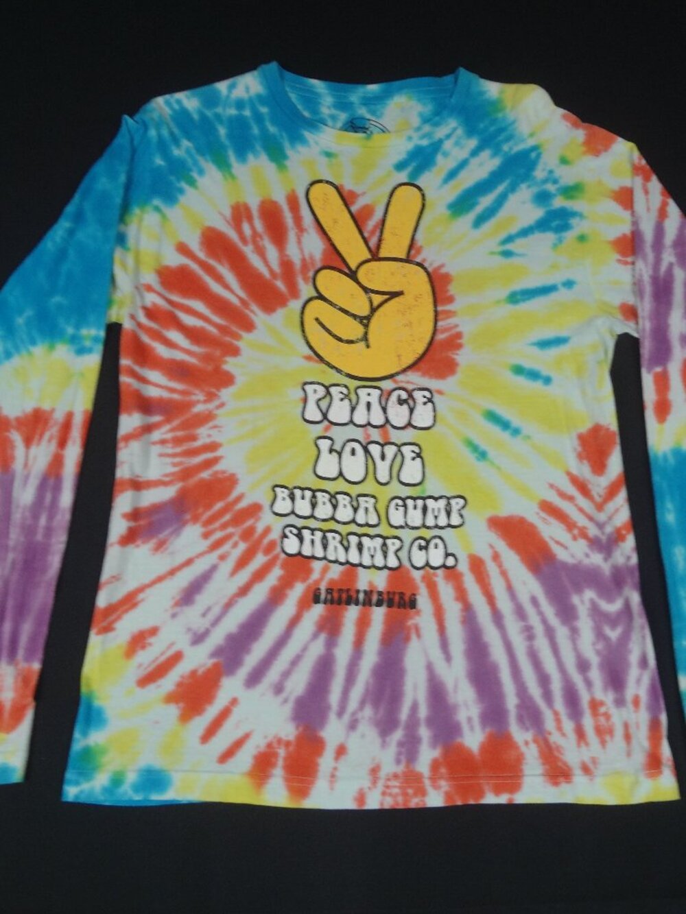 BUBBA GUMP SHRIMP GATLINBURG TN PEACE LOVE MEDIUM LONG SLEEVE TIE-DYE SHIRT L579